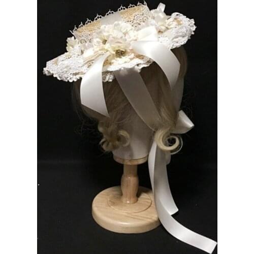 Lolita Tea Party Flat Hat Multilayer Lace Bonnet Floral Ribbon Bow Straw Sun Cap H9ED