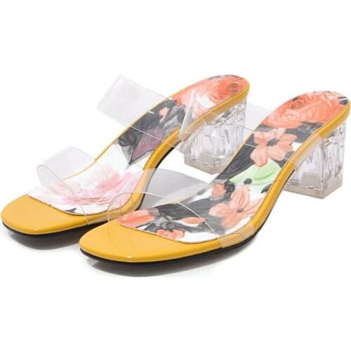 Clear Heels Mules Shoes Women Summer Pvc Transparent Shoes 2020 Block Heel Outdoor Slippers Elegant Slides Shoes Yellow Pink
