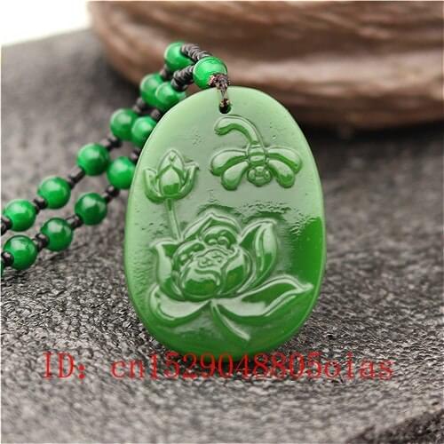 Natural Green Chinese Jade Lotus Dragonfly Pendant Beads Necklace Fashion Charm Jadeite Jewelry Carved Amulet Gifts for Women