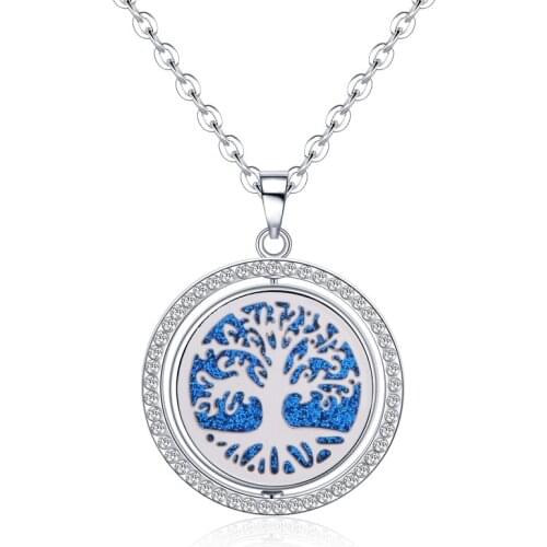 New Aromatherapy Jewelry Stainless Steel Rotating Rhinestone Perfume Pendant Necklace Tree of Life Essential Oil Diffuser Locket