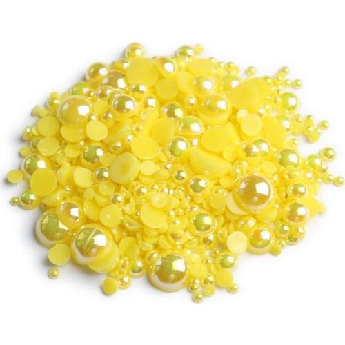 ABS Half Round Flatback Pearls Lemon Yellow AB Color Mix Size 2mm/3mm/4mm/5mm/6mm/8mm 15g Beads Diy Accessories Free shipping