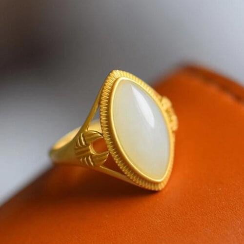 New natural Hetian white jade horse eye ring female 6A Silver Antique Gold Inlay exquisite elegant new recommended jewelry