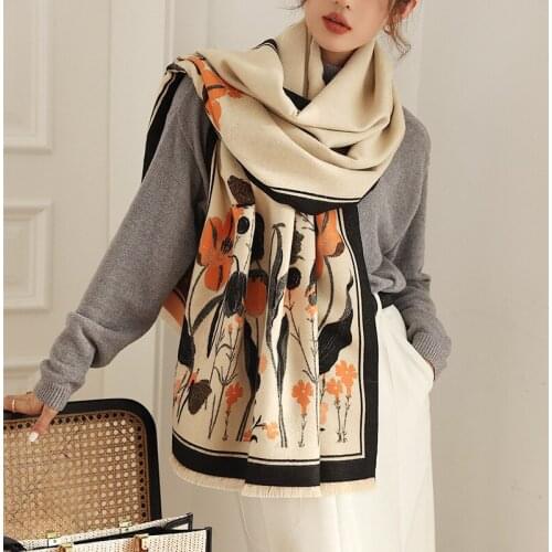 Luxury Brand Flower Print Winter Scarf Women Cashmere Warm Pashmina Foulard Female Scarves Long Blanket Thick Soft Shawls Wraps