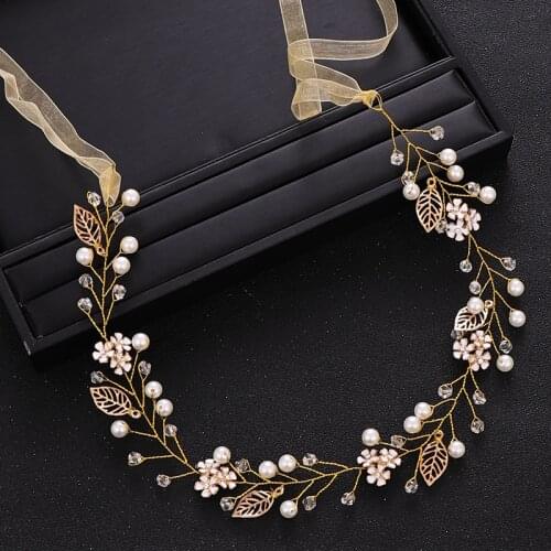 Vintage Gold Crystal Pearl Wedding Headband Flower tiara Bridal Hair Accessories Bride Headpiece Handmade Weding Hair Jewelry