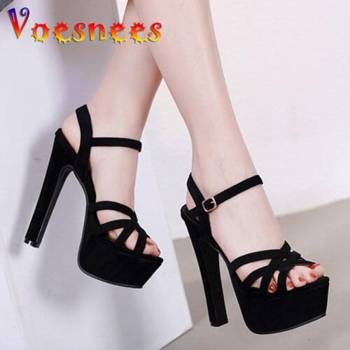 2021 Women Summer Flock Platform Sandals High-Heel 14CM Catwalk Models Show Female Shoes Hollow Vamp Steel Pipe Dance Stilettos