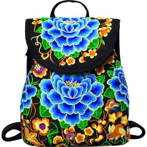 Women Ethnic Backpacks Vintage Flower Embroidered Design Canvas Travel Camping Backpack Large Capacity Handbags