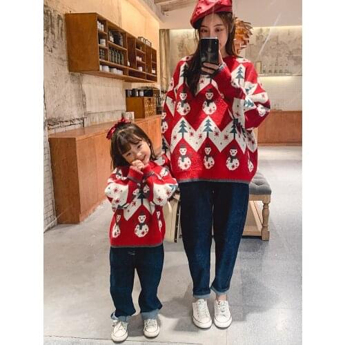 Parent-child womens red Christmas Cartoon Sweater 2021 Autumn Winter Mom Daughter New Boys Girls Warm Loose Warm Top