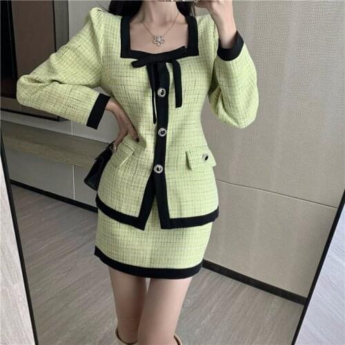 Elegant Plaid Tweed Two Piece Set Women Square collar Puff Sleeve Jacket Coat With High waist Mini Skirt Suits Retro Woolen Sets
