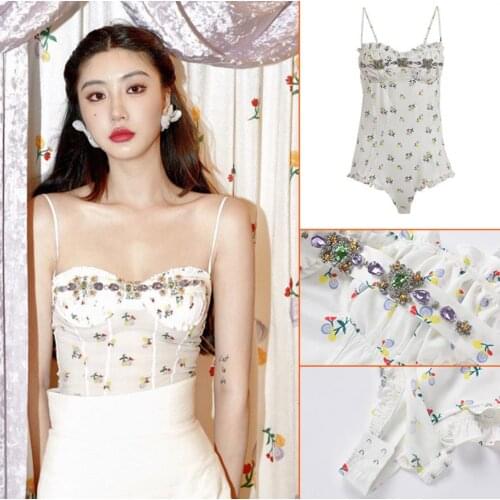 2021 Sexy Print Bodysuit For Women Square Collar Sleeveless High Waist Diamonds Korean Slim Bodysuits Female 2021 Summer