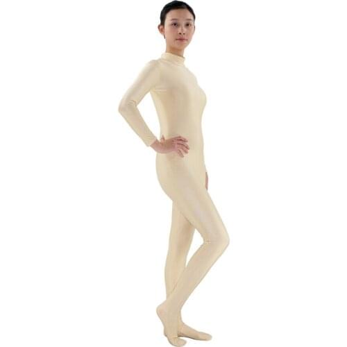 Turtleneck Long Sleeve Zentai Bodysuit costume White Adult Spandex Lycra Bodysuit Zentai Womens Skin-tight Unitard Dancewear