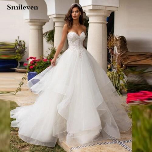 Smileven A Line Wedding Dress 3D Flowers Sweetheart Neck Bride Dress 2021 Backless Princess Long Boho Floor Length Wedding Gown