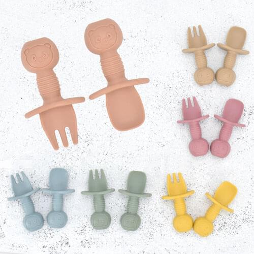 2PCS Food Grade Silicone Baby Spoon & Fork Infant Feeding Tableware Soft Organic Spoon BPA Free Solid Baby Gifts Accessories