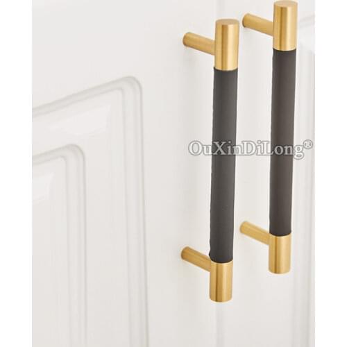 Brand New 2PCS European Brass + Cow Leather Furniture Handles Cupboard Wardrobe Drawer Kitchen Wine Cabinet Pulls Handles&Knobs