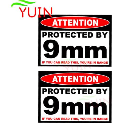 2 X 11*8cm ATTENTION Protected By 9mm Car Sticker Personalized PVC Body Bumper Decoration Cars Accessories Waterproof Decals