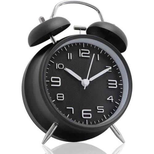 4 inch Twin Bell Alarm Clock Metal Frame 3D Dial with Backlight Function Desk Table Clock for Home & Office black