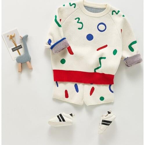 8924 Baby Clothing Set Autumn And Winter 2021 Childrens Leisure Suit Geometric Print Girls 2 Piece Set Knitted Sweater + Pants