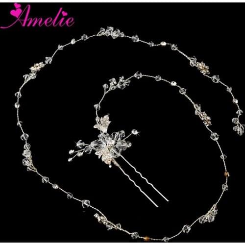 Ameliebridal Silver Plated Flowers Encrusted with Clear Rhinestones Couture Crystal Hair Vine Floral Ornamented Hairpin Wedding