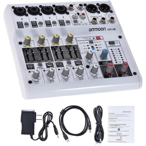 Ammoon AM-6R 8-Channel Digital Audio Mixer Mixing Console Built-in 48V Phantom Power Support Powered by 5V Bank with Adapter USB