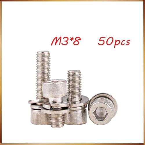 Free shipping 50pcs M3 M3*8mm 304 Stainless Steel Inner Hex Bolt Hexagon Socket Spring Washer Sems Assembly combination Screw