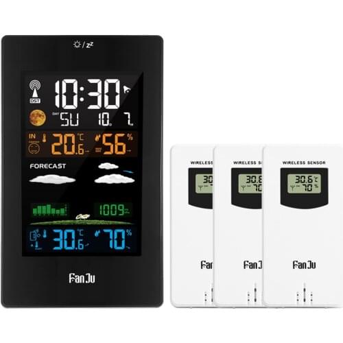 FanJu FJ3389 Weather Station Digital Alarm Monitor Thermometer Hygrometer Barometer 3 Wireless Sensor DCF Electronic Wall Clock