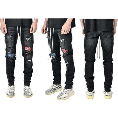 Hole Patchwork Plaid Jeans Mens Hip Hop Fashion Slim Fit Mid Waist Distressed Jeans Man Casual Skinny Sports Denim Pencil Pants