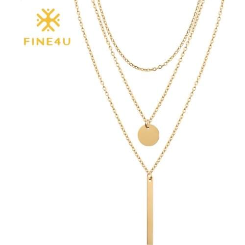 FINE4U N462 Dainty Bar Coin Chokers Necklace Stainless Steel Multi-layered Necklace For Women