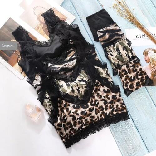 Linbaiway Women Lace Push Up Bra Set Sports Bras Panties Leopard Print Crops Top Fitness Padded Running Bralette Brassiere