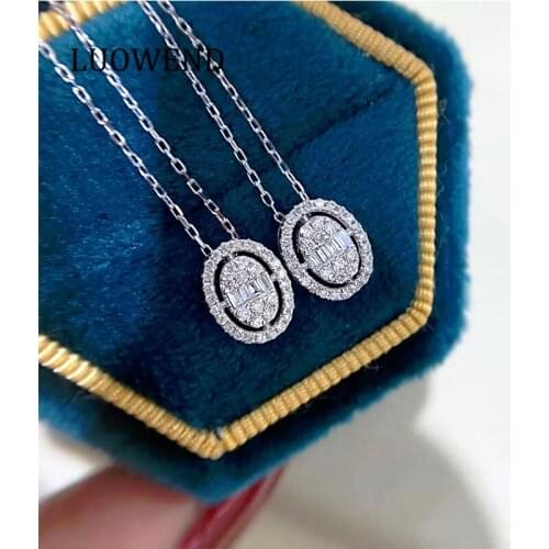 LUOWEND 100% 18K White Gold Pendant Necklace Real Diamond Pendant Oval Shape Halo Design Necklace Chain for Young lady