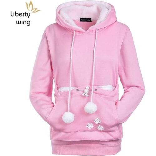 Kawaii Fur Lining Pet Pockets Womens Pullover Casual Harajuku Hoody Sweatshirt Long Sleeve Autumn Loose Fit Top Moletom Feminino