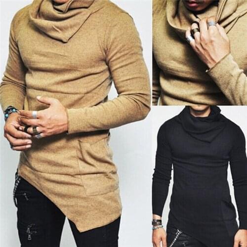 Mens Autumn Hoodies Long Sleeve Turtleneck Sweatshirt Unbalanced Hem Pocket Sweatshirt Top Men Clothing Plus Size 5XL