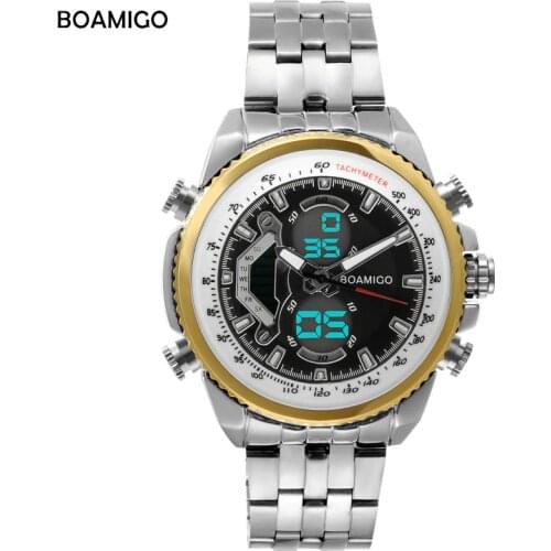Men Sports Watches BOAMIGO Brand Quartz Watches Analog Digital LED Electronic Watches silver Steel Wristwatch Relogio Masculino