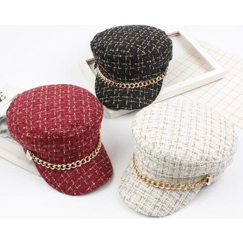 2020 New women hats Tweed plaid newsboy caps chain flat top visor cap vintage plaid military cap female autumn winter hats