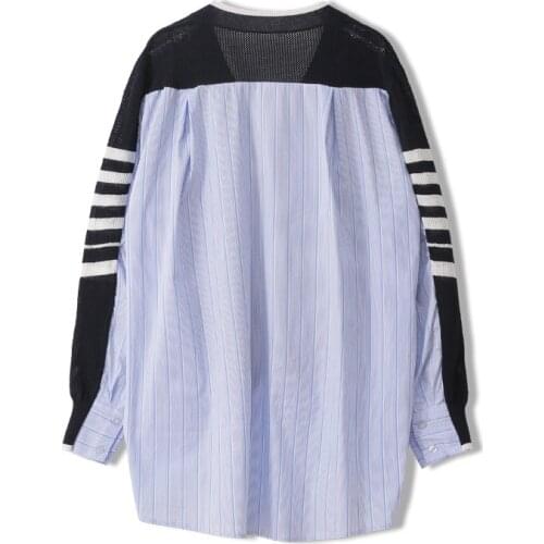 Autumn Vintage Women Striped Hit Color Sweater V-neck Long-sleeved Thin Tide Patchwork Irregular Cardigans Shirt Lady Jumper