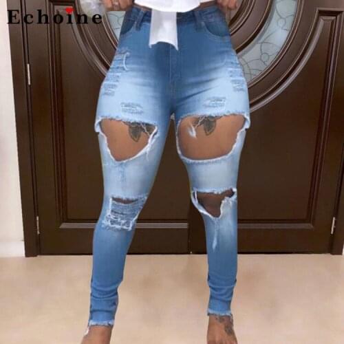 Sexy Big Hole Slim Fit Ripped Tassled Skinny Jeans Casual Pants Women Hipsters Rock Cowboy Trousers Distressed Denim Streetwear