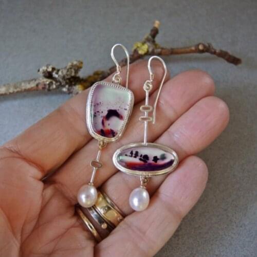 Delicate Geometric Oval Resin Dangle Earrings For Women Asymmetric Artistic Jewelry Painting Pattern Long Pearl Wedding Earring
