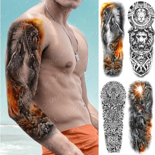 Large Arm Sleeve Tattoo Indian Wolf Warrior Waterproof Temporary Tatto Sticker Lion Maori Totem Body Art Full Fake Tatoo Men