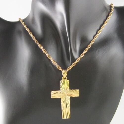 Order 10$ GET FREE SHIPPING/ - YELLOW GOLD GP FILL BRASS 24" ROPE NECKLACE&JESUS CROSS GOD CARVED SURFACE HAND MADE PENDANT