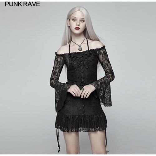 Punk Rave Women T-shirt Gothic Sexy Lady Lace Boat Neck Off-shoulder Fashion Long Sleeve Tops for Women