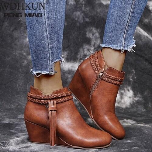 Retro Women Platform Boots Tassel Wedges Boots Women Zipper Solid Color Short Booties Round Toe Shoes for Women Zapatos De Mujer