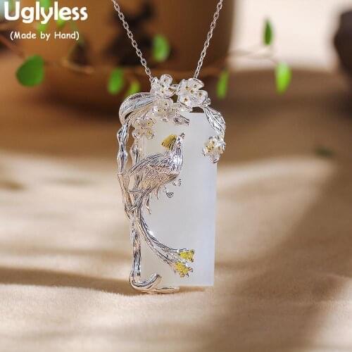 Uglyless Ethnic Silver Flowers Phoenix Pendants for Women Natural Jade Garnet Square Necklaces NO Chains 925 Silver Bijoux P819