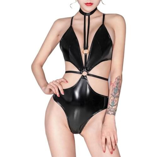 Women Patent Leather Wetlook Cutout Bodysuit Spaghetti Strap Leotard Nightclub Stage Pole Dance Mistress Role Play Costume