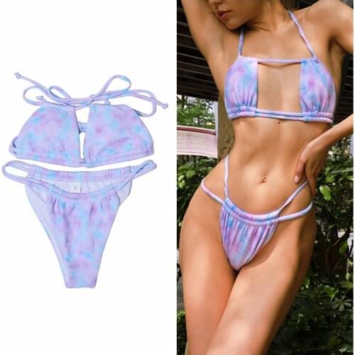 Summer Split Swimwear Set Bathing Suit Two Piece Swim Suit Women Tie-dye Mixed Color Tie Up Sexy Backless Bikini Swimsuit