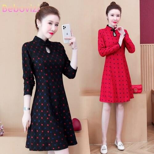Plus Size M-4XL Black Red Spring Long Sleeve Fashion Qipao for Women Chinese Modern Cheongsam Dress Party Traditional Clothes