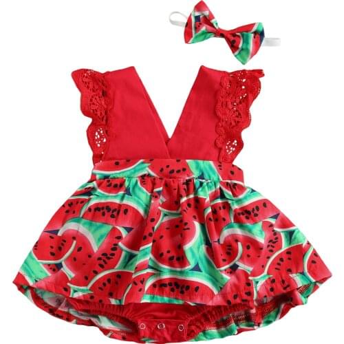 Citgeett Summer Infant Baby Girls Watermelon Print Clothes Set Sleeveless Deep V-neck Short Jumpsuit + Bow-knot Headband
