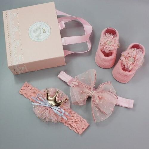 Newborn Baby 3Pcs/Set Lace Flower Baby Girl Headband Socks Set Crown Bows Hairband Headbands For Infant Girls Hair Accessories