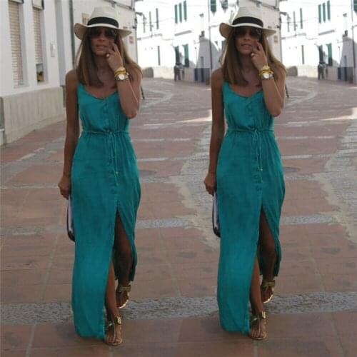 Elegant Womens Bohemian Style Chiffon Button Casual Dress Strap V-Neck Strap High Waist Splits Ankle Long Dress Sizes S-XL
