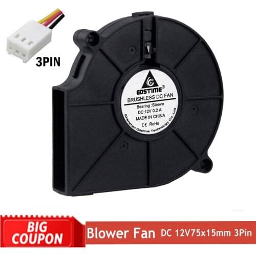 Gdstime 2 Pcs DC 12V 3Pin 75mm 75x15mm 15mm Cooling Fan Brushless Centrifugal Cooler Blower Fan 7.5cm