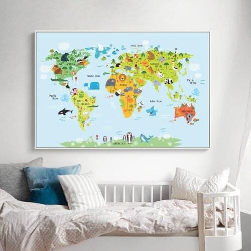 Nordic Modern Children Kawaii Cartoon Animals World Map, Canvas Print Painting Poster Wall Pictures For Kids Room Home Decor