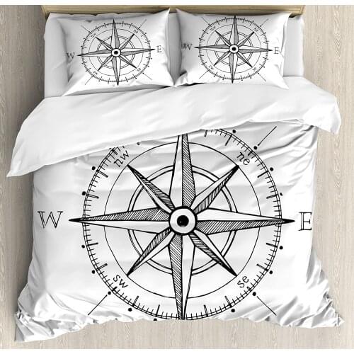 Compass Duvet Cover Set Hand Drawn Compass Windrose North and South East West Directions Black and White Bedding Set Black White
