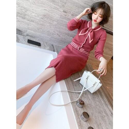Contrast tie collar single breasted cardigan+Straight tube one step and a half skirt suit High Quality New Fashion